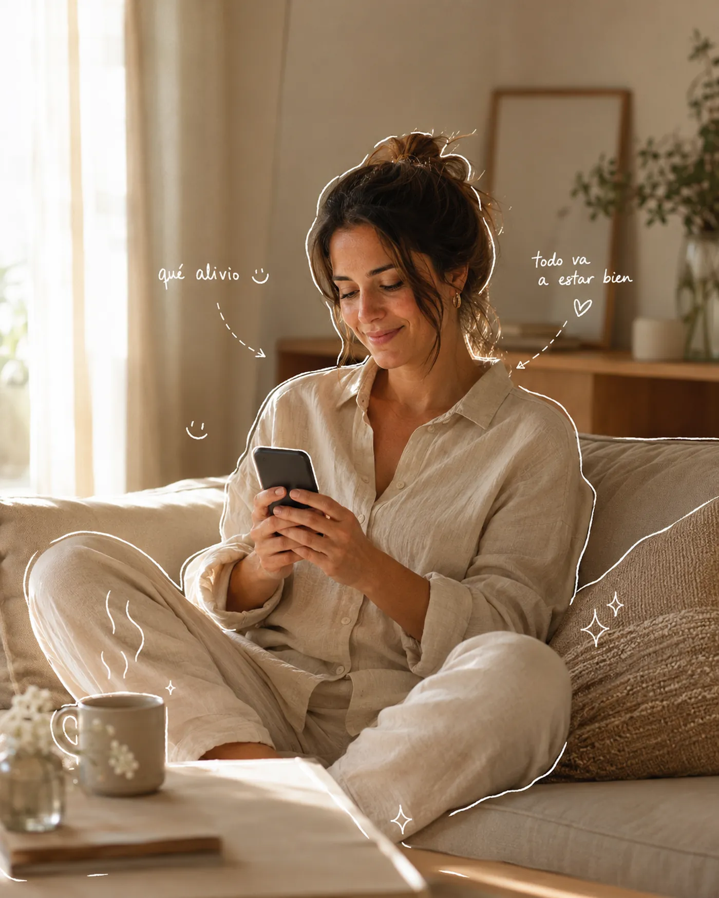 Paciente resolviendo su consulta por WhatsApp desde el sofá